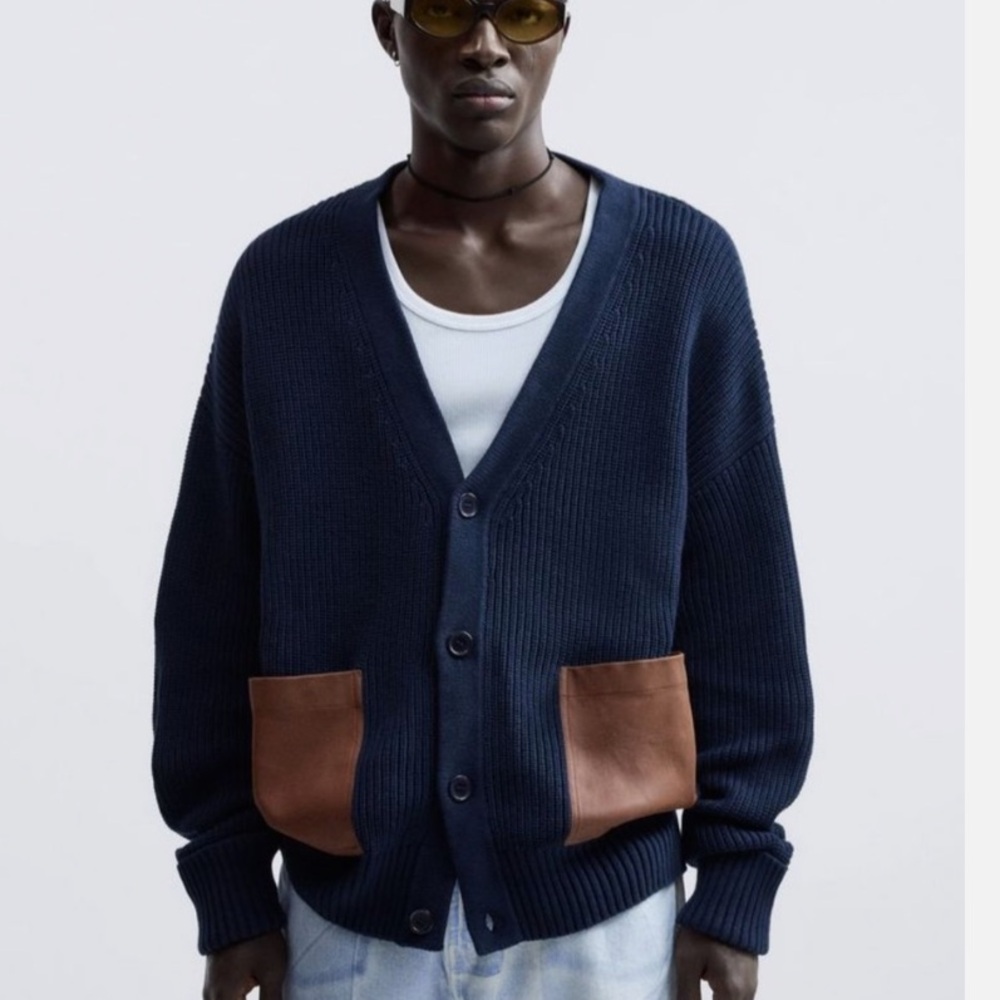Zara Navy Cardigan with Leather Pockets